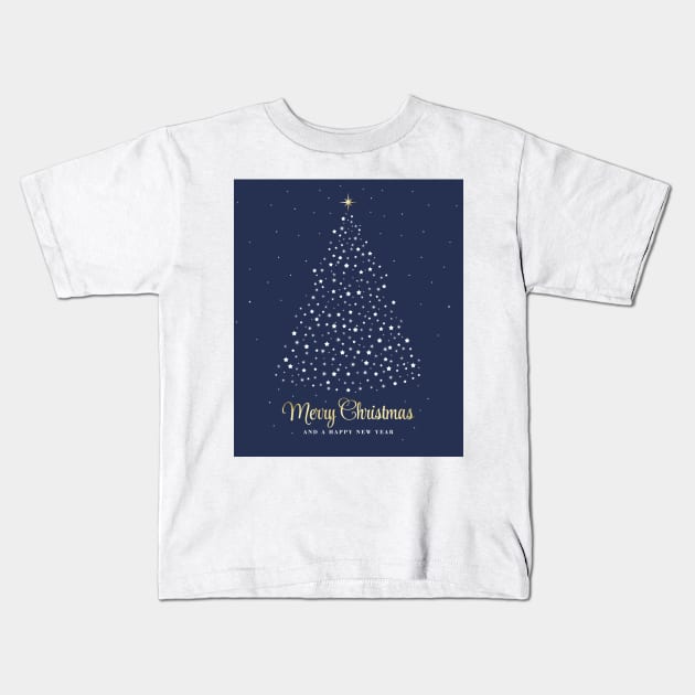 Merry Christmas and a Happy New Year. Minimalistic Christmas tree illustration. High quality Christmas blue white and gold starry illustration in minimalist style. Kids T-Shirt by ChrisiMM